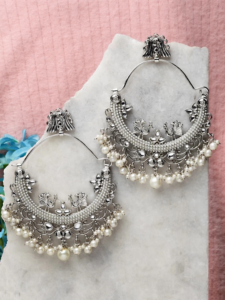 Silver Embellished Kundan and Pearl Large Chandbali Earrings for Women