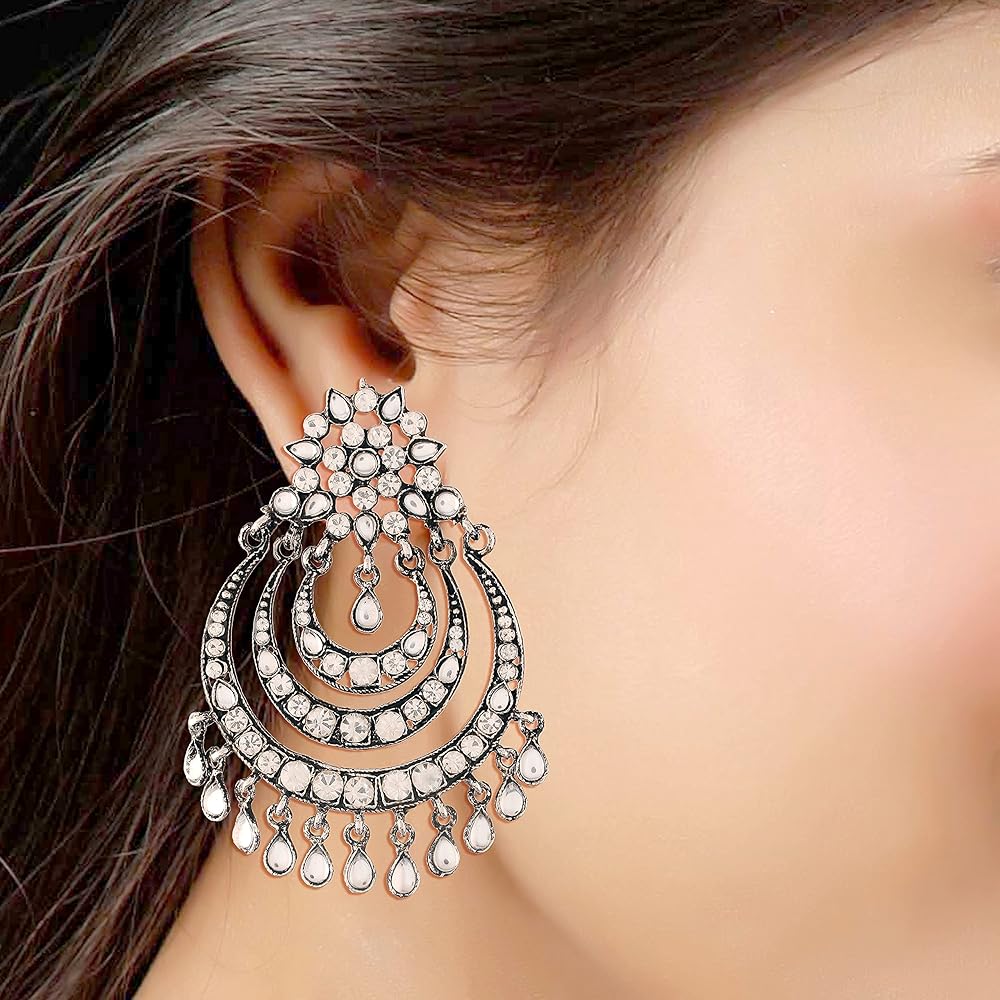  Silver Oxidised Indian Wedding Bollywood Stone Studded Chandbali Earrings for Women