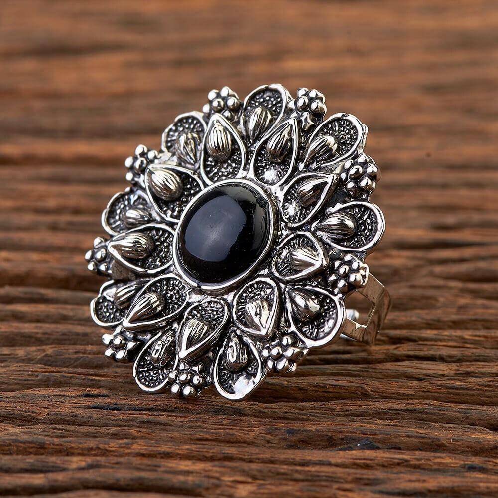 SILVER KALI WITH BLACK STONE RING 925 HALLMARK