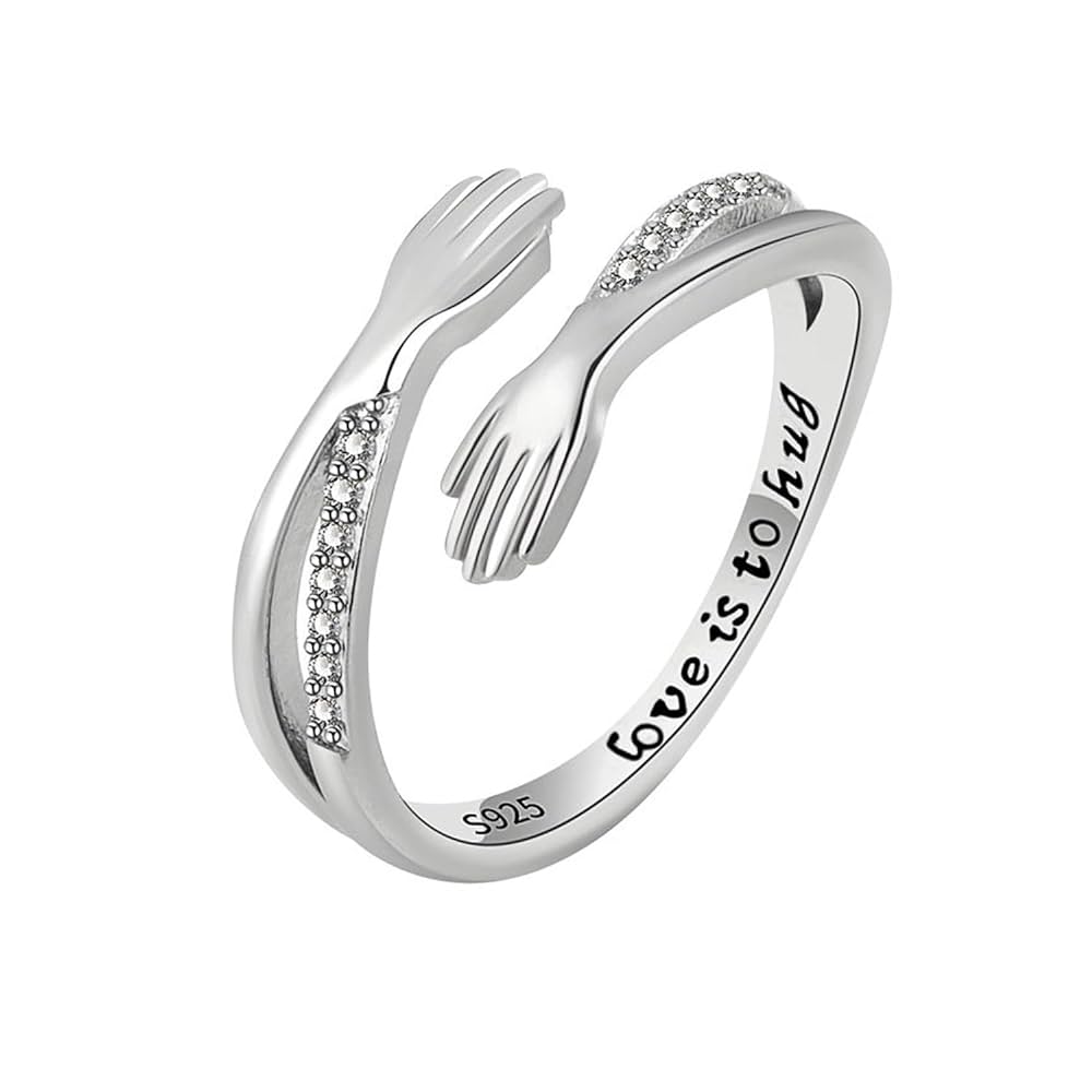 HAND TOCHING SILVER RING WITH STONES