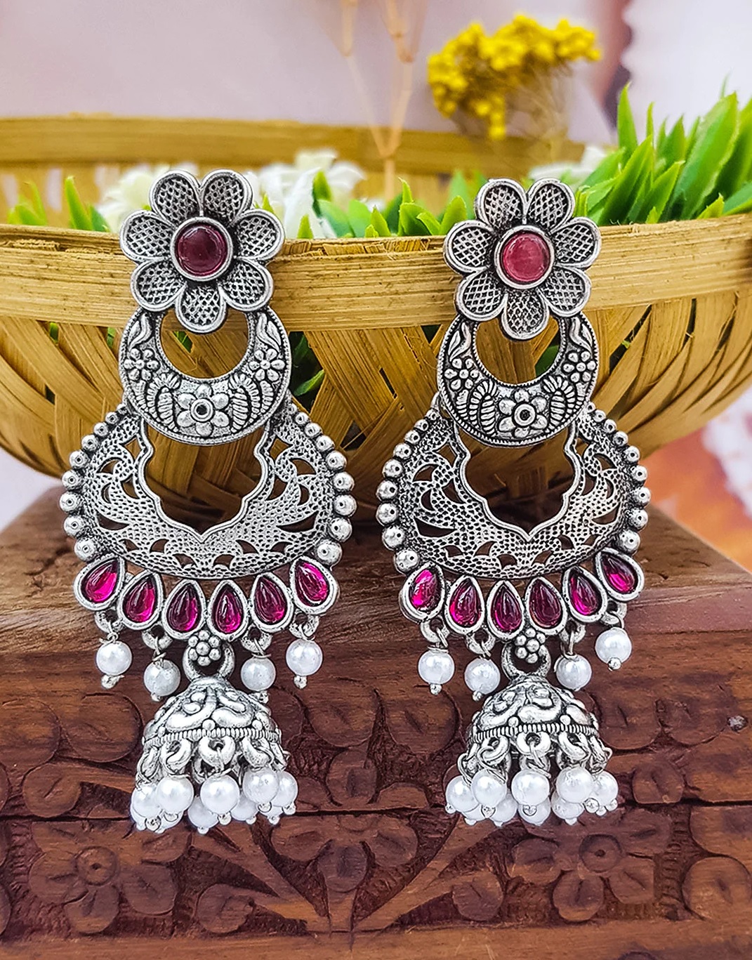 Silver plated Imitation Jewelry Real AD Stones Daily Wear Jhumka Earrings
