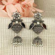 Silver Oxidised Flower Women Jhumka Earrings