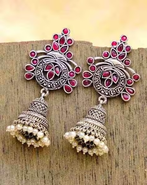 Silver-Toned & Pink Earrings for Women