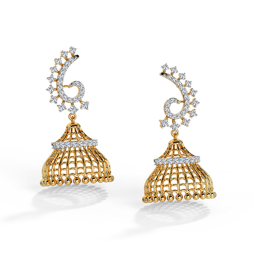 Scroll and Bead Gold Polished Silver Jhumkas